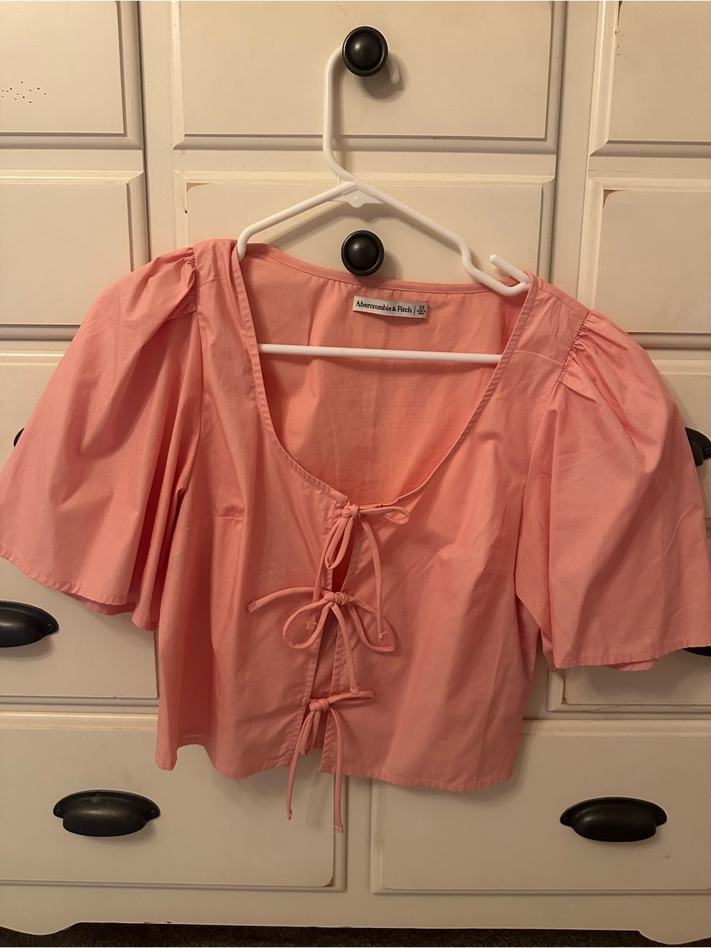 Abercrombie & Fitch Coral Pink Tie-Front Puff Sleeve Blouse